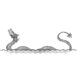 A stylized illustration of a mythical sea serpent emerging from water with a head and a long, wavy body.